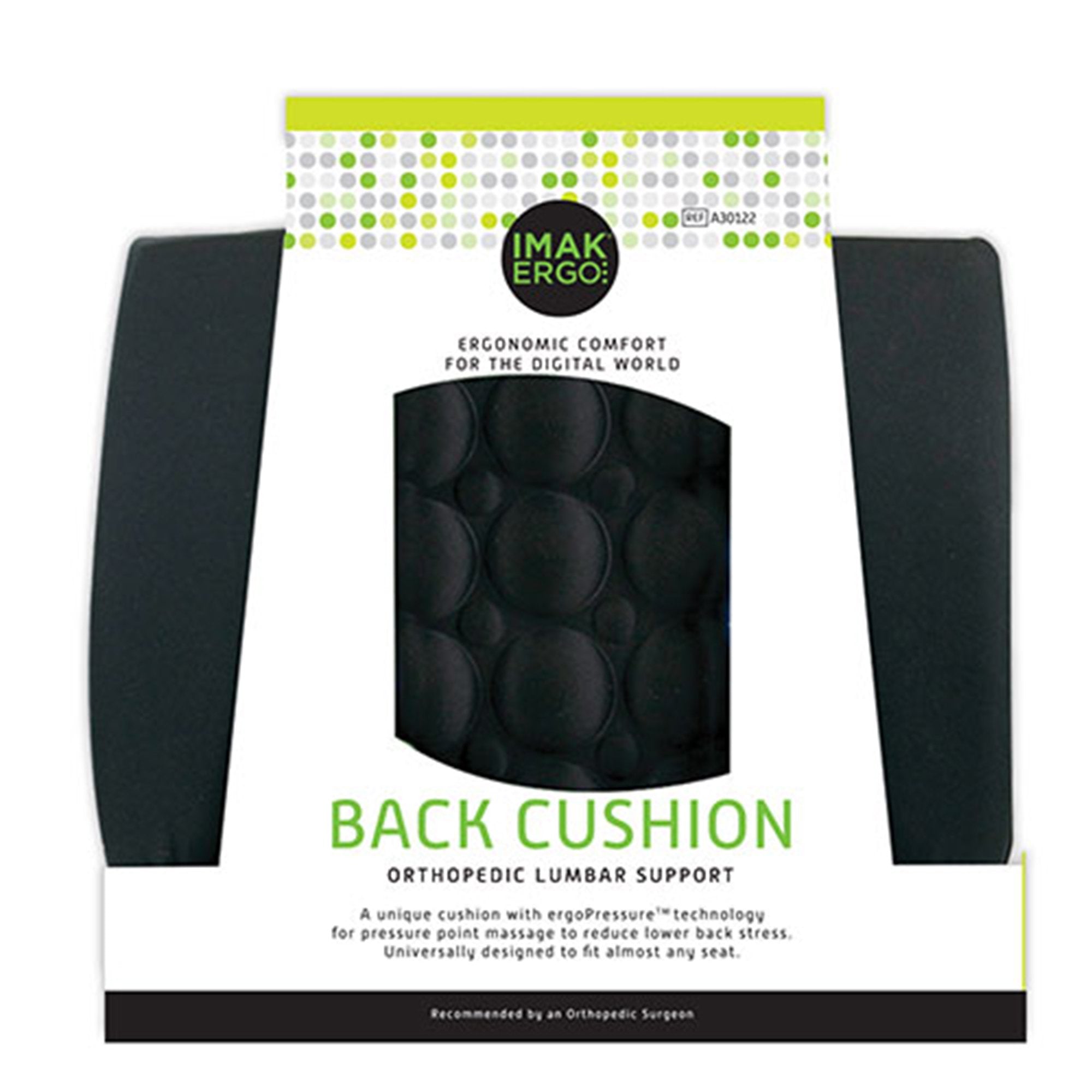 IMAK® Ergo Lumbar Cushion, 13.5 in. W x 4 in. D x 13.8 in. H, Foam, Black, Non-inflatable